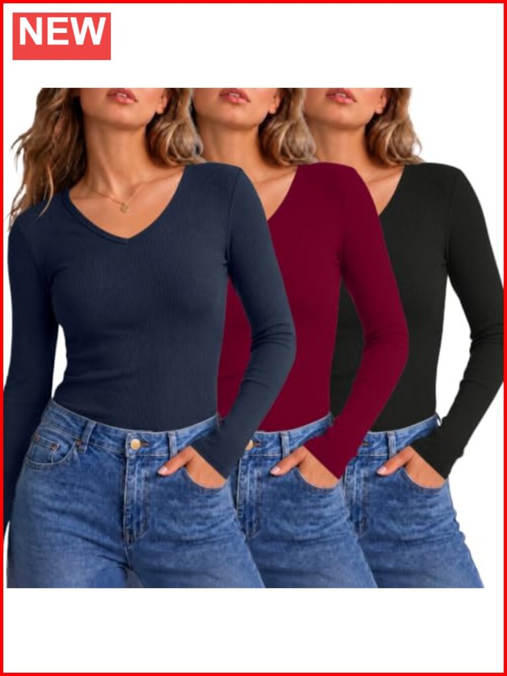LOMON Women's 3 Pack Long Sleeve V Neck Ribbed Knit Tops Slim Fit Casual